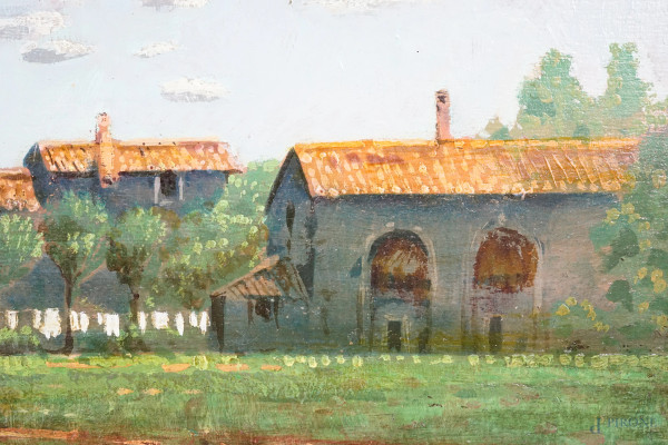 Paesaggio campestre con contadino, olio su tavola, firmato A. Mioli, cm 14x29, entro cornice