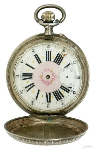 Orologio da tasca in argento, Ancre Ligne Droite, fine XIX-inizi XX secolo, quadrante in porcellana, diam. cm 7, (difetti, mancanti lancette, mecccanismo da revisionare)