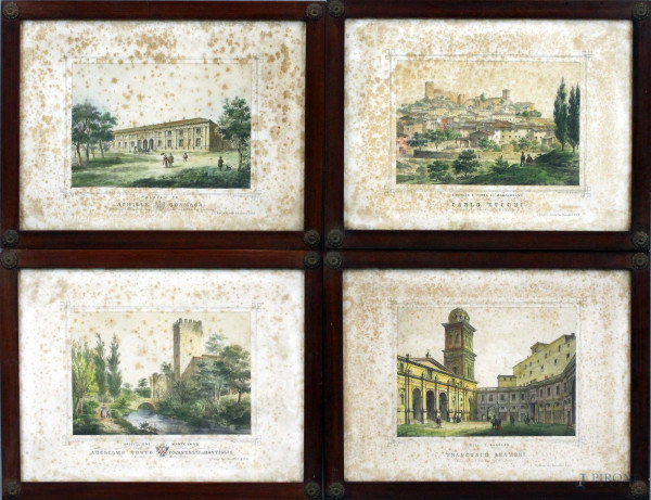 Lotto di quattro stampe colorate con vedute della città di Mantova, cm 32x42, XIX secolo, entro cornici, (difetti).