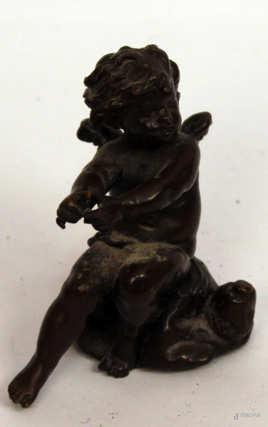 Puttino, scultura in bronzo, XIX sec, h 8 cm.