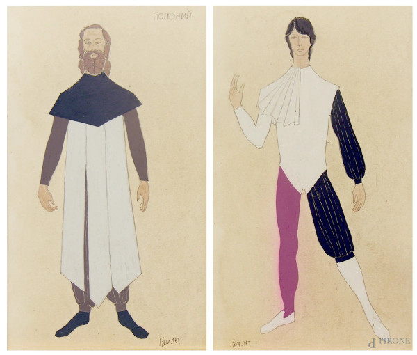 Artista russo del ‘900, Costumi per Amleto di Shakespeare, coppia di costumi teatrali a tecnica mista su carta, ciascuno cm 15x27