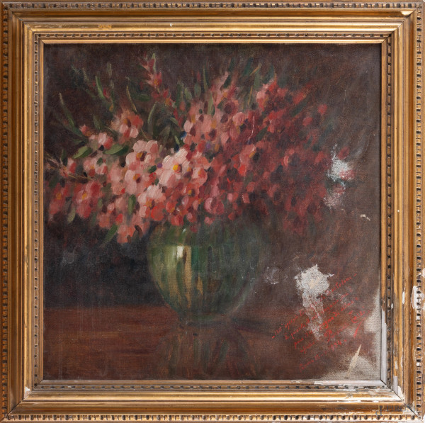 Pasquale Tozzi (1895-1979), Vaso di fiori, olio su tela applicata su cartone, cm 51x50, dedicato e firmato in basso a destra, entro cornice, (abrasioni, graffi, cadute di colore, ondulazioni della tela)