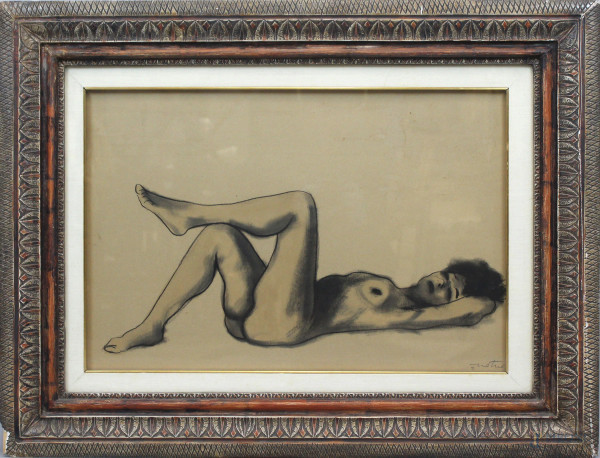 Enotrio Pugliese - Nudo di donna, disegno su carta applicata su tela, cm 50x70,entro cornice.