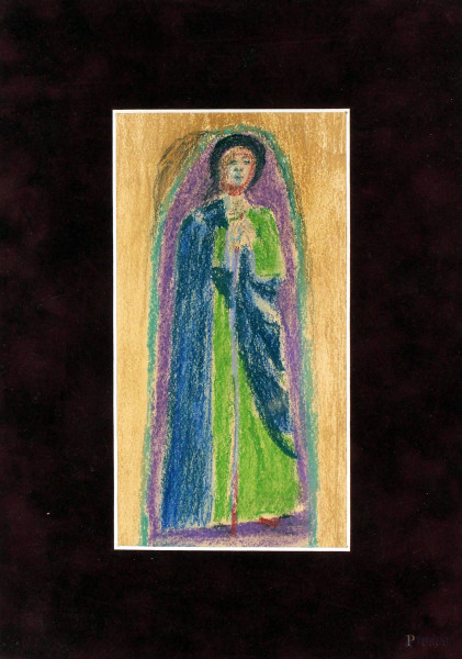 Figura femminile, tecnica mista su carta, cm. 22x12, XX secolo.