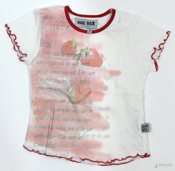 Mail Box,  maglietta a maniche corte da bambina, bianca con stampa e dettagli rossi, taglia 2 anni, (segni di utilizzo).