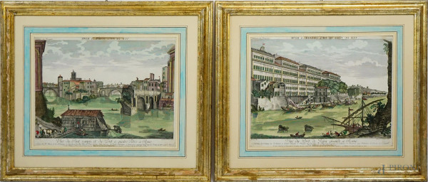 Coppia di incisioni acquerellate del XVIII secolo raffiguranti il Ponte Rotto, il Ponte dei Quattro Capi e la veduta del Porto di Ripa Grande a Roma,  cm 32x42, entro cornici.