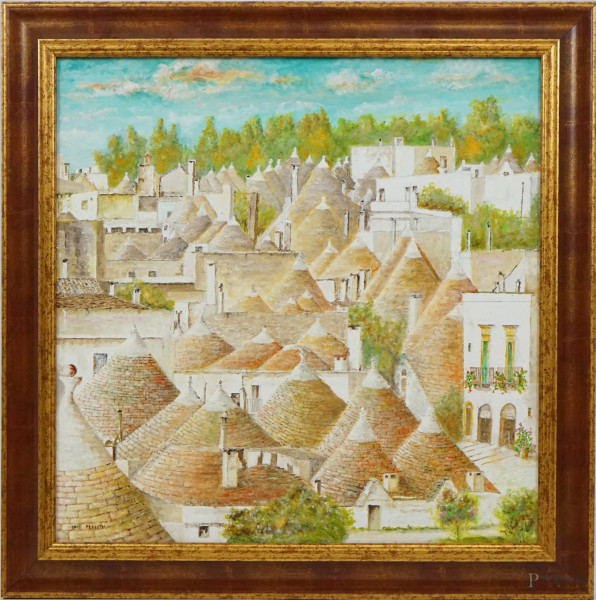 Italo Perretti (XX sec.), Alberobello, olio su tela, cm 60x60, entro cornice