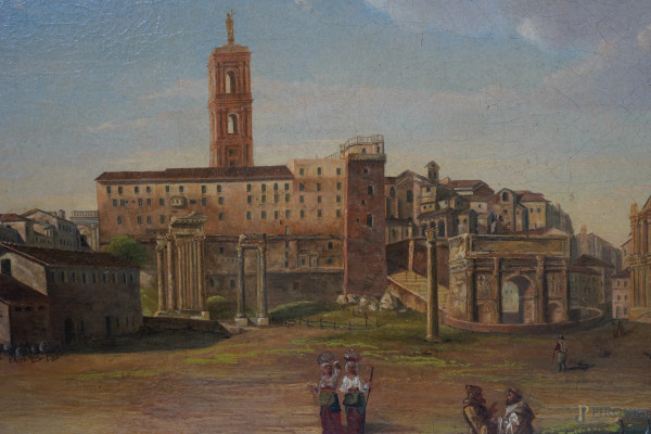 Pittore olandese del XIX secolo, Veduta di Campo Vaccino, olio su tela, cm 42x62 entro cornice.