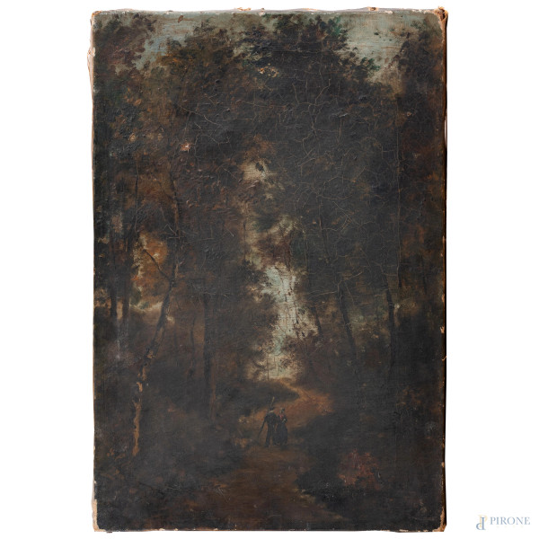 Passeggiata nel bosco, XIX secolo, olio su tela, cm 40x27, (craquelure, lacerazioni della tela, sollevamenti e cadute di colore, difetti)