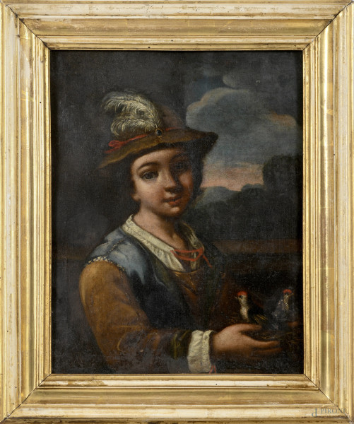 Giovane con volatili, olio su tela, XVIII secolo, cm 43,5x34, entro cornice, (difetti)