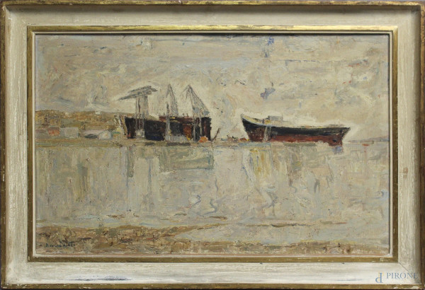 Cantiere portuale, dipinto ad olio su legno, firmato, cm 74 x 47, entro cornice.