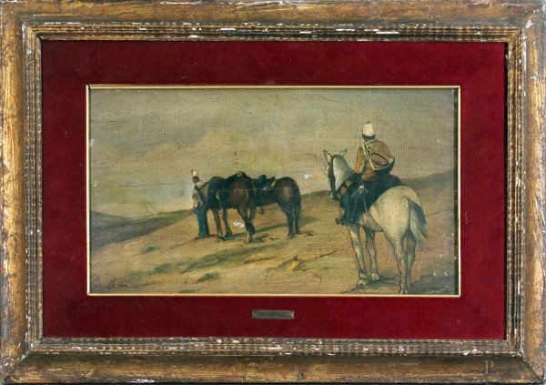 Paesaggio con soldati, vecchia oleografia su tavola, cm. 26,5x45,5, entro cornice.