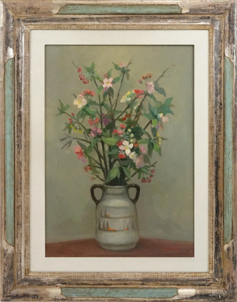 Ortensio Gionfra - Vaso di fiori, olio su tela, cm 70x50, entro cornice.