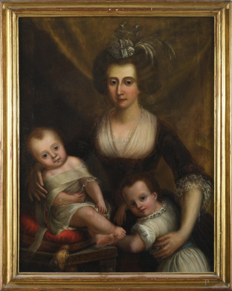 Ritratto di gentildonna con bambini, XIX secolo, olio su tela, cm 99x74, entro cornice, (segni di usura, abrasioni )