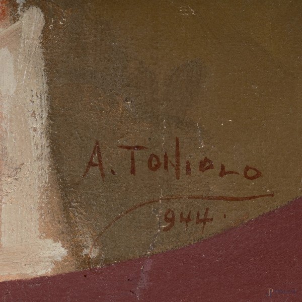 Piccola santa, olio su tela, cm 59,5x59,5, firmato e datato "1944" in basso a destra, entro corni...