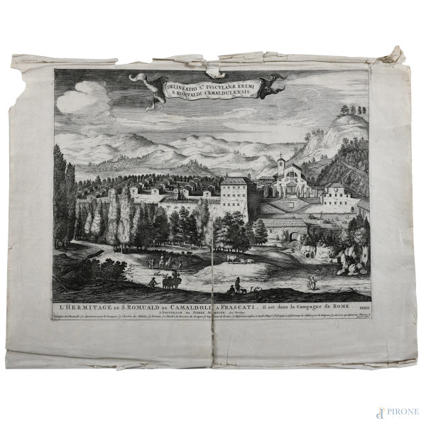 L'Eremo di S. Romualdo di Camaldoli a Frascati, XVIII secolo, incisione su carta, cm 50x65, (segni di usura, tracce di umidità, gore, foxing, lacerazioni della carta, tracce di piegatura)