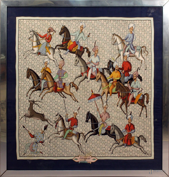 Hermes - Foulard in seta a decori di figure orientali, cm. 90x84, entro cornice, (macchia sul tessuto).