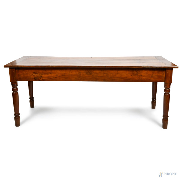 Tavolo in ciliegio a due cassetti e gambe tornite, XIX secolo, cm 80,5x206x82,5, (graffi, scalfit...