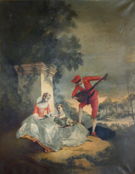 Pompeo Coccia - Esterno con fanciulla e musicante su sfondo paesaggio, olio su tela, 95x75 cm, entro cornice