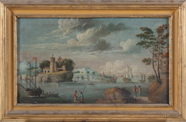 Veduta con vascelli, XVIII secolo, olio su tela, cm 33x56, entro cornice, (ondulazioni della tela, sollevamenti di colore)
