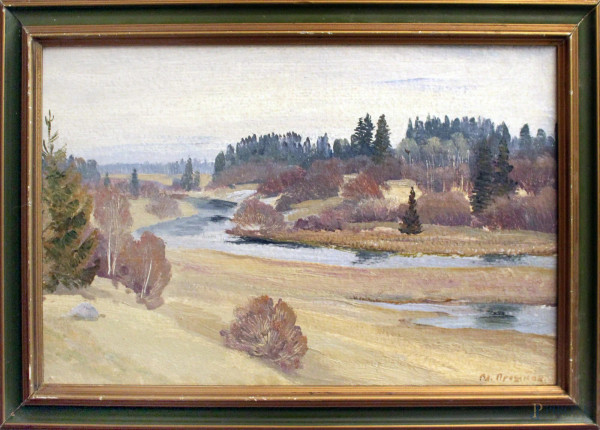 Pittore russo, Paesaggio, olio su cartone firmato, cm 32 x 49, entro cornice.