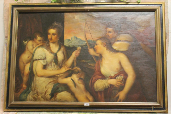 Da Tiziano Vecellio (1488 - 1576), XX sec., Venere benda Amore, olio su tela, 115x75 cm, entro corniceIl dipinto è tratto dall'omonimo di Tiziano conservato presso la Galleria Borghese di Roma