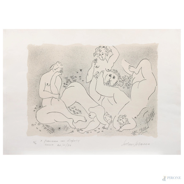 Luciano Padella, Figure, litografia, es 24/60, cm 48x67,5, firmata in basso a destra e dedicata in basso a sinistra