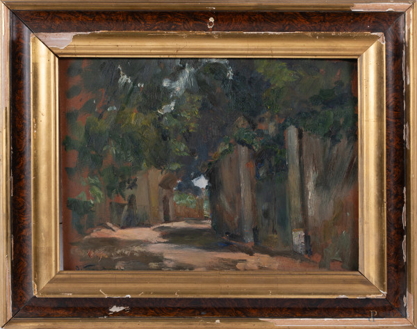 Paesaggio, XX secolo, olio su tavoletta, cm 34x43, entro cornice, firmato in basso a sinistra, (segni di usura, supporto lievemente imbarcato, difetti)