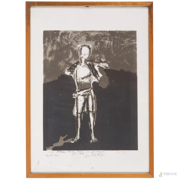 Giorgio Celiberti (1929), Figura di uomo, litografia su carta, es. 27/90, cm 70x50, firmato, dedicato e datato "Aprile 1981" in basso, entro cornice, (ondulazioni della carta, umidità)