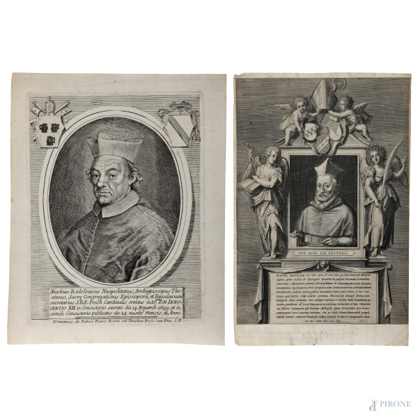 Lotto di due incisioni su carta raffiguranti Joannes Dietmair e Nicolaus Radolouicus Neapolitanus, XVIII secolo, misure massime cm 33x21,  (segni di usura, tracce di umidità, gore, foxing, lacerazioni della carta, tracce di piegatura)