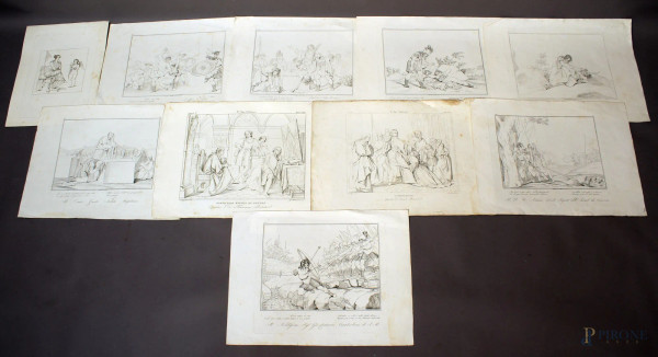 Lotto composto da dieci antiche incisioni raffiguranti soggetti diversi, cm. 28x38.