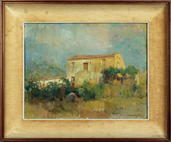Biagio Mercadante - Paesaggio con casolari, olio su cartone telato, cm. 35x44, entro cornice.