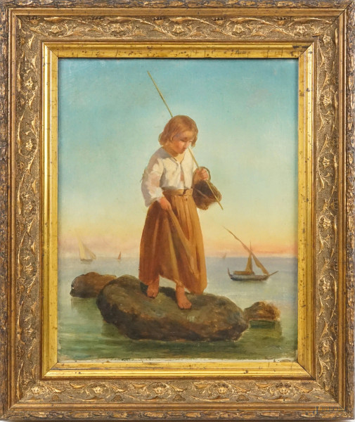 Scuola napoletana della fine XIX secolo, Bambina sulla costa, olio su tela, cm 35x28, entro cornice