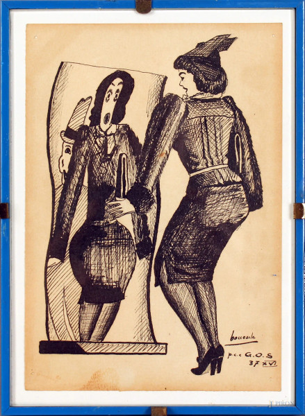 Gino  Boccasile - Donna allo specchio, china su carta, cm 16,5x11,5, datato &#39;37.