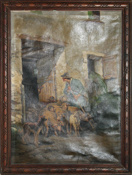 G.Califano, Pastore con gregge, olio su tela 50x70 cm, entro cornice.