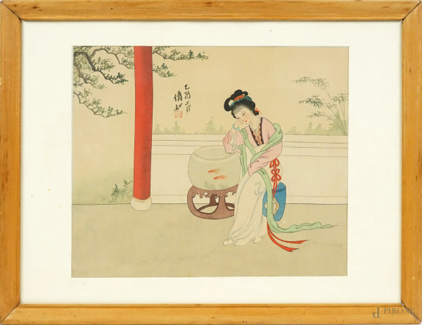 Geisha, acquarello su carta, firmato, cm 30x36, in cornice