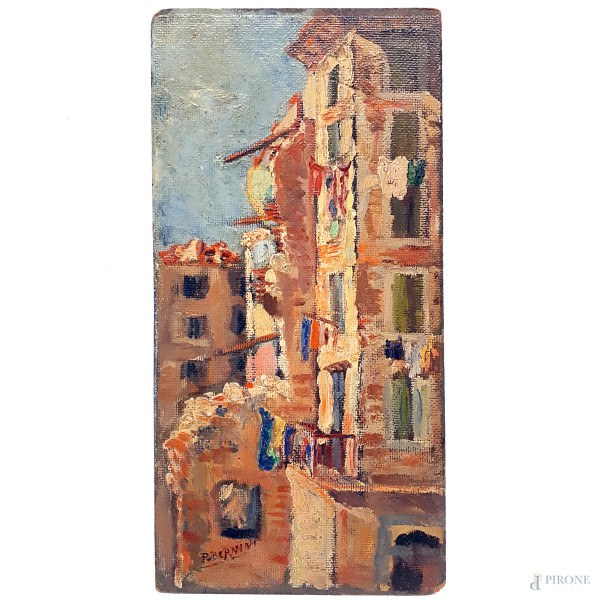 P: Bernini (XX sec.) Scorcio di Livorno, 1948, olio su faesite, cm 40x20, firmato, titolo e anno al retro