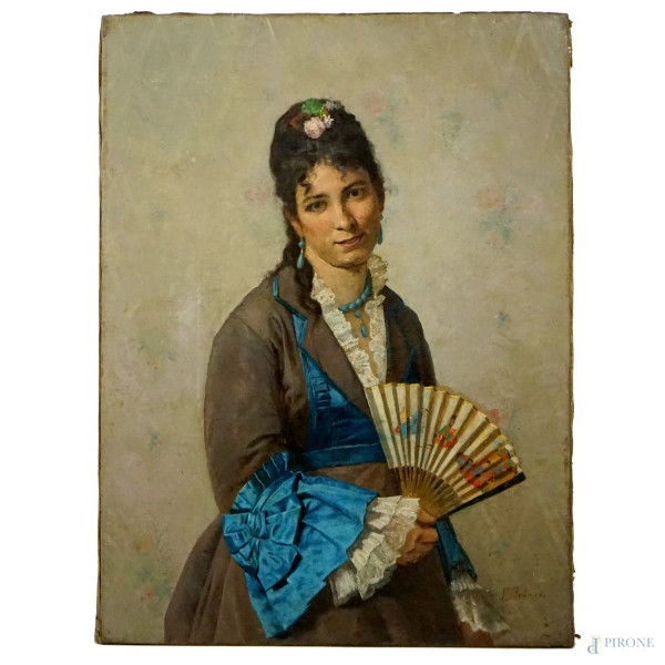 Donna con ventaglio, olio su tela, cm 99,5x74, firmato E.Tofano.