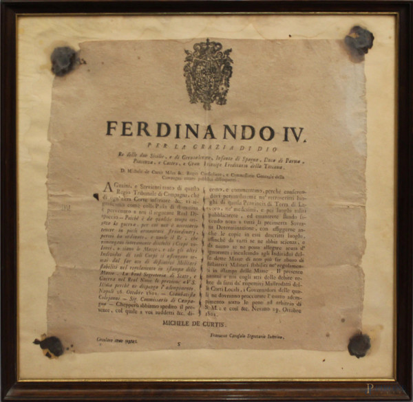 Editto di Ferdinando IV sullo scioglimento di corpi speciali.