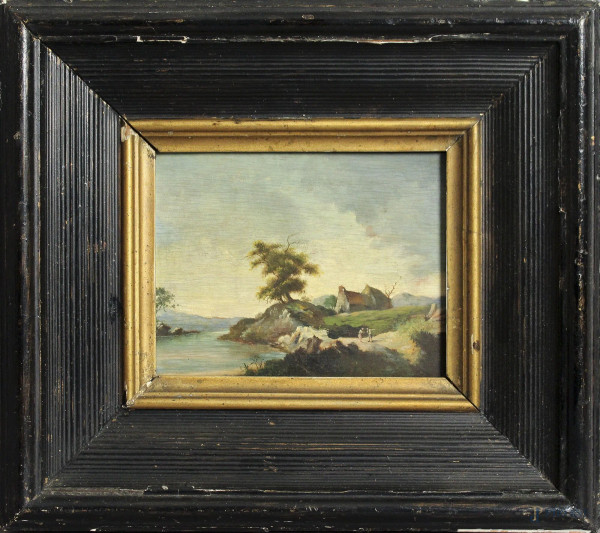 Paesaggio fluviale con figure e case, dipinto ad olio su tavola, XIX sec., cm 15 x 20, entro cornice.