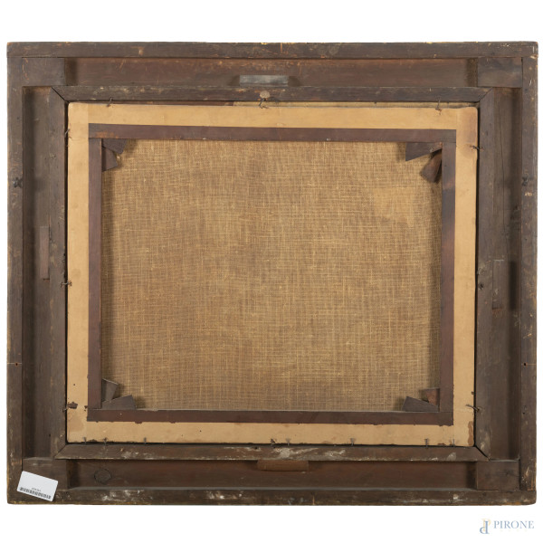 Paesaggio fluviale con mulino a vento, XIX secolo, olio su tela, cm 51x62, entro cornice