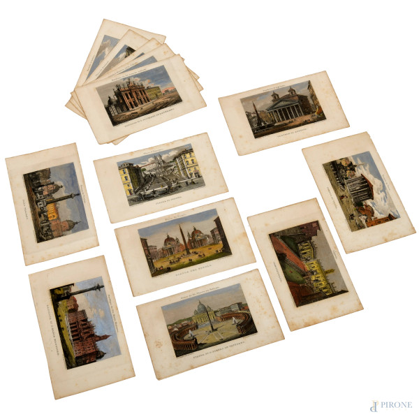 Lotto di 18 litografie  a colori con vedute di Roma, XIX-XX secolo, cm 11,5x18,5