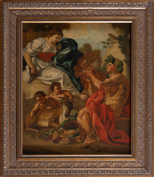 Bacco, XX secolo, olio su cartone telato, cm 61x51, firmato in basso a sinistra, entro cornice