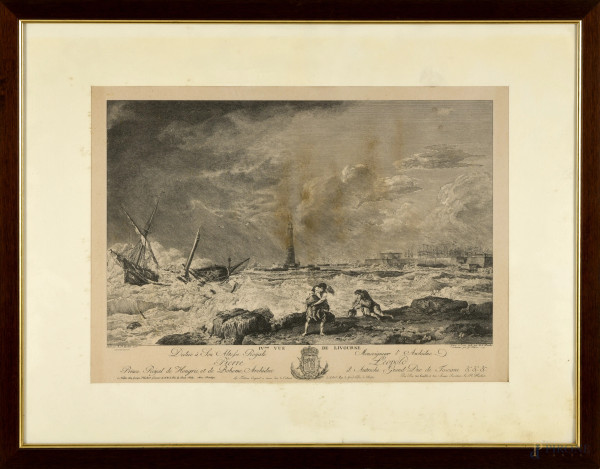 IV veduta di Livorno, incisione all'acquaforte su disegno di Hackert Philipp (1737 Ca./ 1807), foglio mm 342x486 entro passepartout e cornice, (difetti, gore e tracce di umidità)