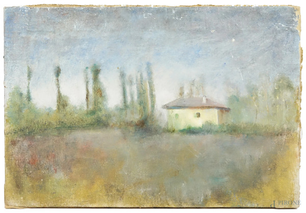 Paesaggio emiliano, olio su tela, cm 37,5x55, XX secolo