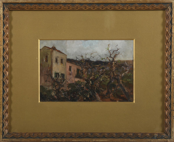 Francesco Di Marino (1892-1954), Scorcio di villa con alberi, olio su compensato, cm 17x26, firmato in basso a sinistra, entro cornice, (segni di usura, lievi fessurazioni)