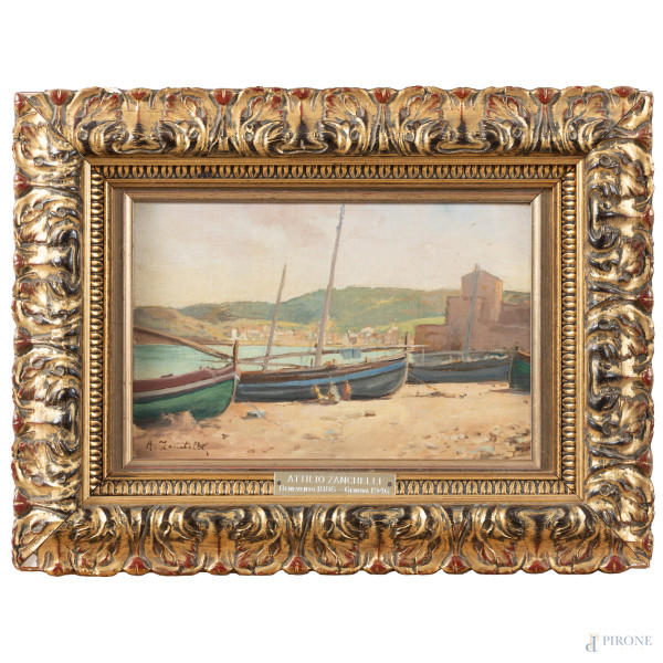 Attilio Zanchelli (1886-1946), Barche, olio su cartone telato, cm 21x30, firmato in basso a sinistra, entro cornice