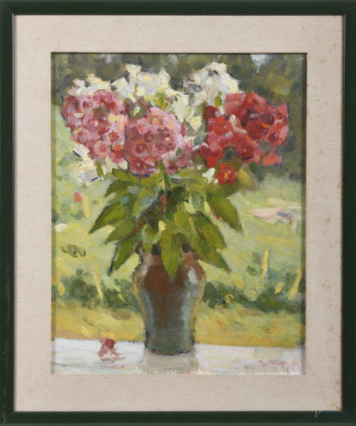 Vaso di fiori, XX secolo, olio su cartone, cm 48x38, entro cornice, (segni di usura)