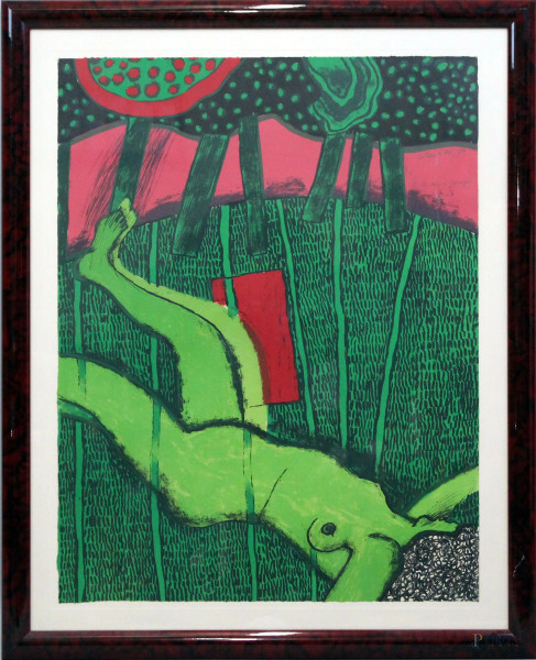 Corneille - Le tapis rouge, litografia su carta, cm 66x50, firmata e datata 1973, entro cornice