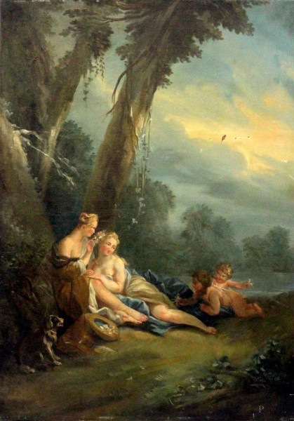 Scuola francese del XVIII secolo, Figure femminili e putti, olio su tela, cm 120x85,5, (difetti)